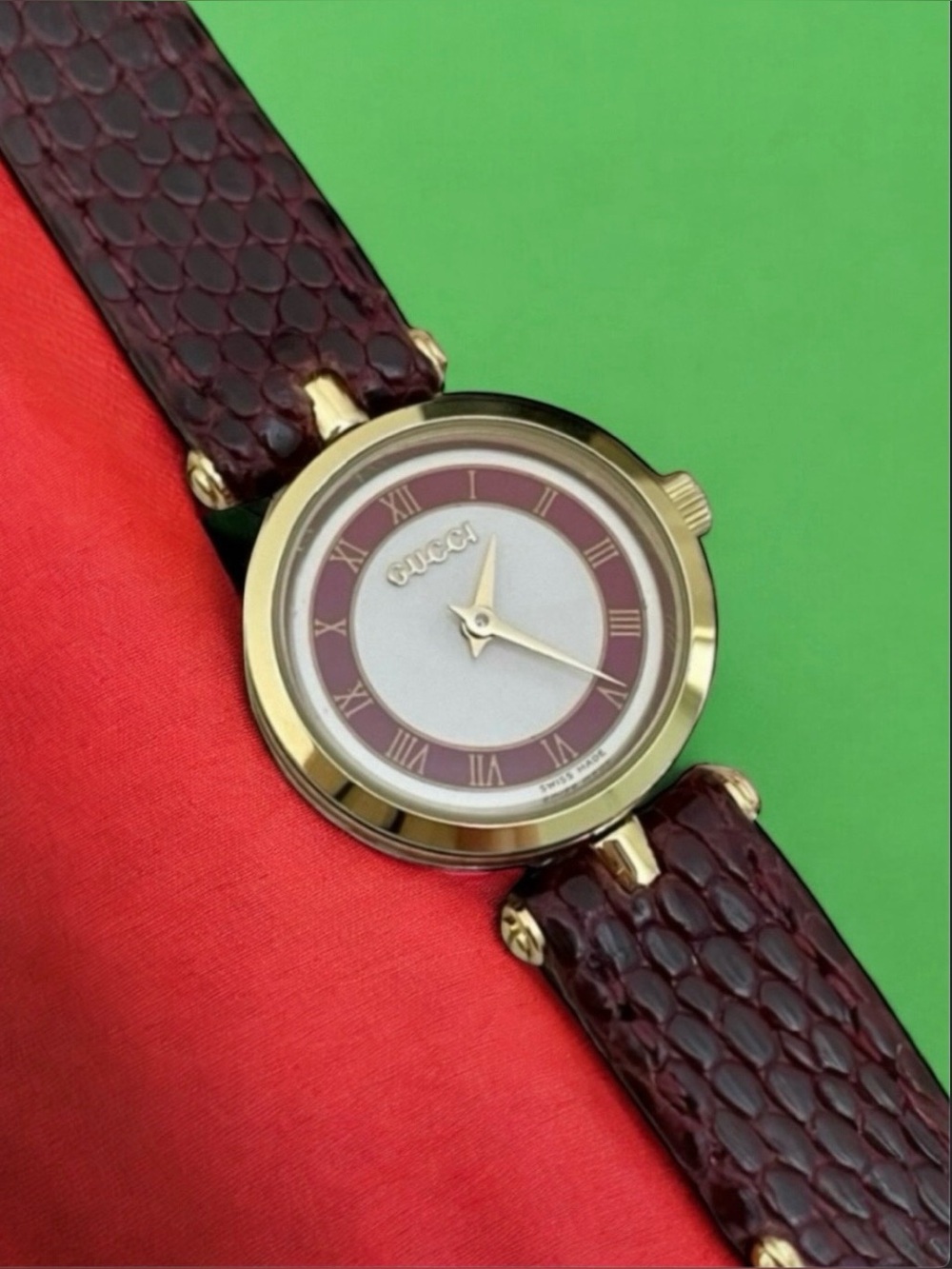 💗VINTAGE GUCCI RETRO GREEN/RED Stripes Sherry Line 2000L Gold-Plated Watch ~6.5"